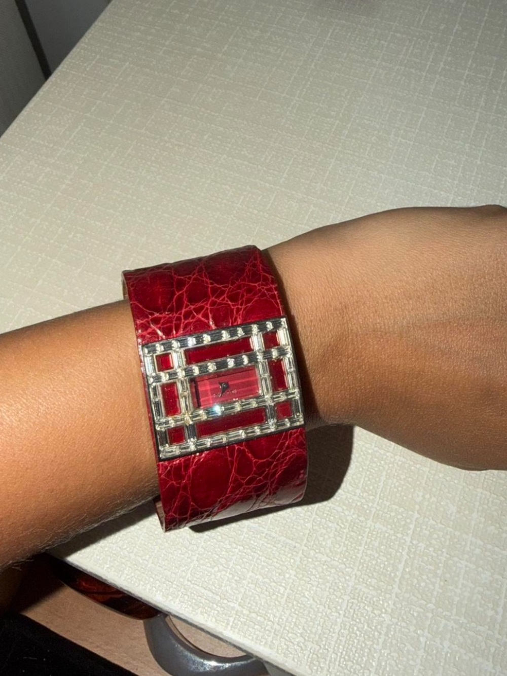 Valentino Red Croc-Embossed Wide Cuff Bracelet with Geometric Silver Accent